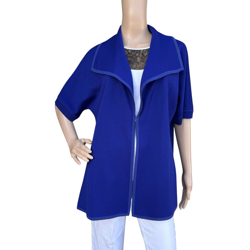 St. John M Blue Knit Short Sleeve Jacket Oversized Collar Wool Blend